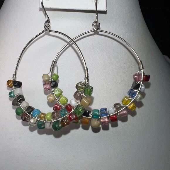 Boho Silver Tone Gemstone Chakra Dangle Hoop Earrings - Picture 4 of 9